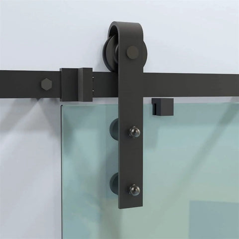 Close-up of Bypass Sliding Barn Door Rail Hardware Kit for Double Doors Monorail System Glass Door Compatible Hanging Rail Carbon Steel