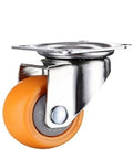 Orange rubber wheel on heavy duty nylon swivel caster set for furniture and shopping carts, smooth rolling, durable no squeak mobility.