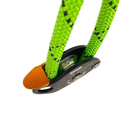 Renegade Adjustable Lanyard For Work Positioning With Ergonomic Lever close-up showing green rope and orange lever mechanism.
