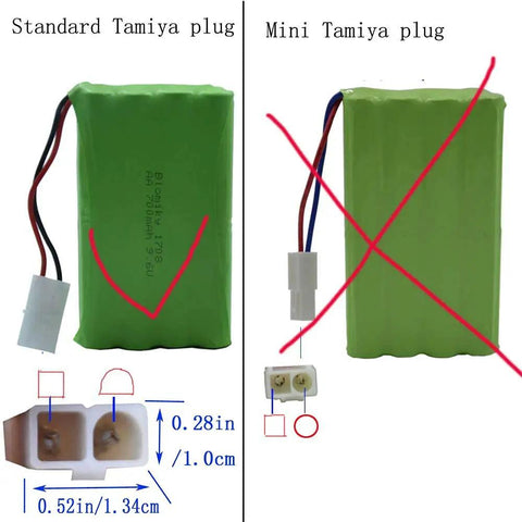 9.6V 2000mAh NiMH 8 Cell AA Battery Pack With Standard Tamiya Connector For RC Cars Trucks Tanks And Other RC Rigs USB Charging Cable Included High Capacity For Longer Runtime And Better Power showing standard and mini Tamiya plug comparison