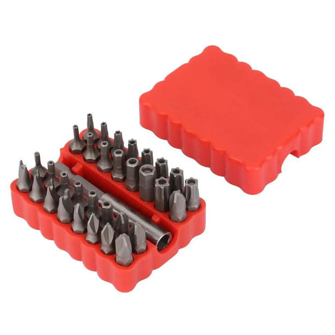 Rock Solid 33 Piece Hollow Bit Kit With Premium Chrome Steel Drill Bits For Tough Woodworking And Metal Jobs Plus Handy Plastic Storage Box That Keeps Things Tidy On Your Next Cool DIY Project Anywhere You Go. 33-piece chrome steel bit set in red plastic storage box