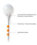 Close-up of 100 Pack Plastic Golf Tees 2 3/4 Inch Length Low Resistance Design To Reduce Friction And Boost Distance with stripe marking system.
