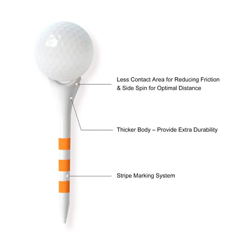 Close-up of 100 Pack Plastic Golf Tees 2 3/4 Inch Length Low Resistance Design To Reduce Friction And Boost Distance with stripe marking system.