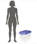 Kick Ass 32 Quart Clear Plastic Stackable Storage Bins With Blue Latching Lids next to a silhouette figure for size comparison.