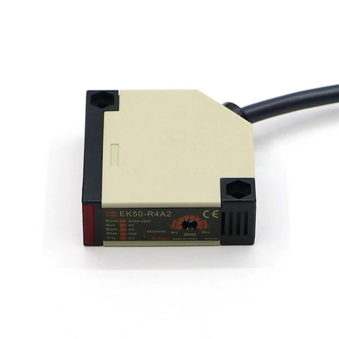 EK50-R4A2 Photoelectric Sensor Indoor Motion Light With Dark No Reflex Material High Sensitivity Motion Detection For Home And Office Energy Saving Auto On Off Easy Install Quiet Reliable Lighting Control, front view with cable