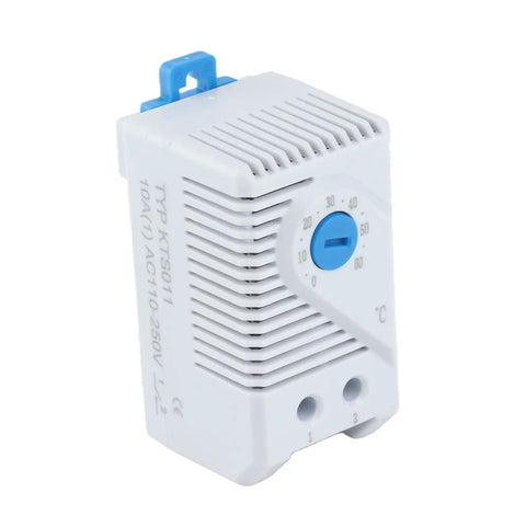 Adjustable 0-60 C Mechanical Thermostat With Normally Closed Switch For Heaters Fans And Control Circuits Rotary Dial Temperature Control For Precise Activation Trigger Easy Dial Setup Auto Shutoff And Safe Startup, white DIN rail unit