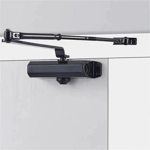 Beefy Hydraulic Door Closer 25Kg To 80Kg, Adjustable Speed, shown mounted on door, durable steel build, anti slam feature.