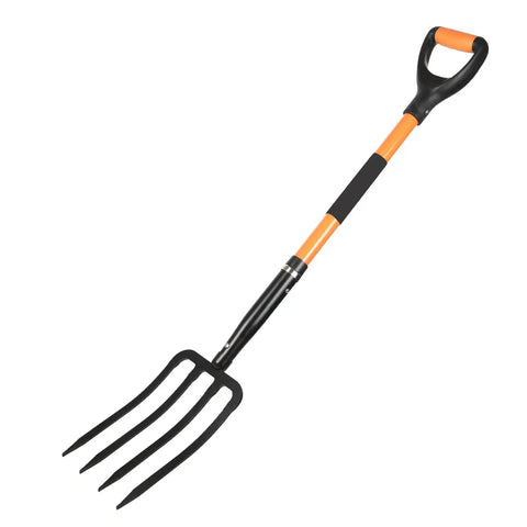 Garden Fork With Ergonomic D Shaped Orange Grip And Fiberglass Handle 4 Tine Pitchforks For Gardening Digging Spading And Composting Durable Steel