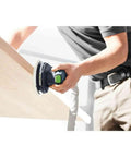 Person using 6 Inch Random Orbital Sander With Stepless Speed Control And Constant Speed Under Load EC Technology on wooden surface.