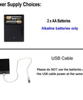Power supply options for RFID Cabinet Lock System With USB Cable For Wooden Drawers And Cupboards showing AA batteries and USB cable.
