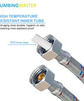 Rock Solid Build 24 Inch Braided Stainless Steel Faucet Hose Connector, 3/8 Compression To 1/2 Fip Water Supply Lines for Kitchen and Bathroom Sink, No Sweat Hookup Two Pack showing PVC inner tube.