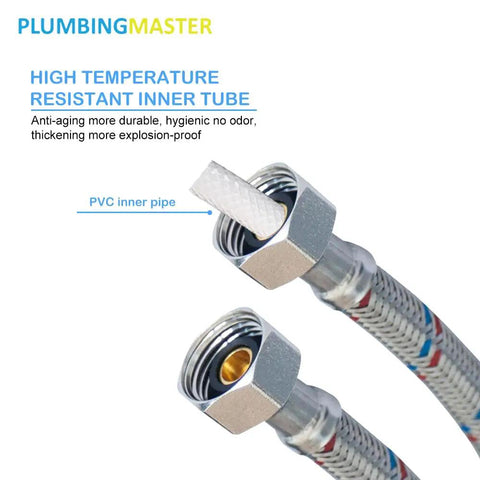 Rock Solid Build 24 Inch Braided Stainless Steel Faucet Hose Connector, 3/8 Compression To 1/2 Fip Water Supply Lines for Kitchen and Bathroom Sink, No Sweat Hookup Two Pack showing PVC inner tube.