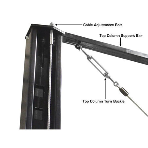 Detail of cable adjustment bolt and turnbuckle for Weekend Warrior 4 Post Car Stack Lift, 7K Lb Twin Deck Garage Hoist.