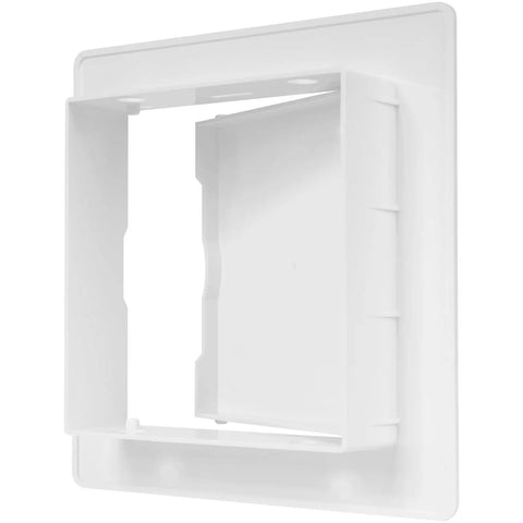 Top Shelf No Sweat Drywall Access Panel For Quick Bathroom Service And Utility Maintenance Covers Plumbing Electrical And Alarm Lines Rock Solid Recessed Design Fits Standard Four By Four Inches showing the white recessed panel for easy wall access.