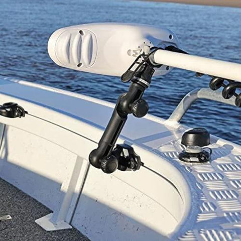 Railblaza Trolling Motor Support XL mounted on boat rail, black adjustable arm with tool-free lock and white motor head.