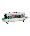 Heavy Duty Continuous Horizontal Bag Sealer Machine With Digital Temp Control And Air Blow Function For Quick Plastic Packaging Grinds built tough, side view with sealing mechanism and conveyor.