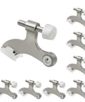 Built Like A Tank Hinge Pin Doorstops 8 Pack Brushed Nickel Adjustables close-up with white rubber tips, heavy-duty zinc alloy construction.