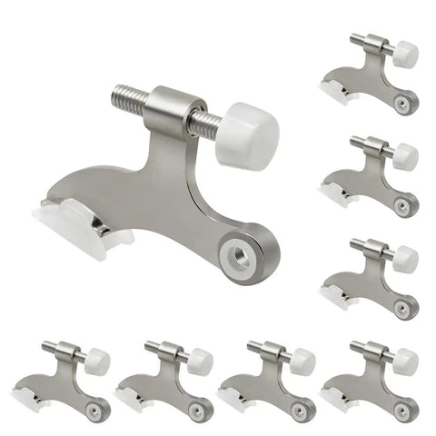 Built Like A Tank Hinge Pin Doorstops 8 Pack Brushed Nickel Adjustables With Thick Rubber Tips Heavy Duty Zinc Alloy Shield Saves Drywall When Doors Bash Hard All Day Long Silent Roll, detailed view of brushed nickel door stop with rubber tip.