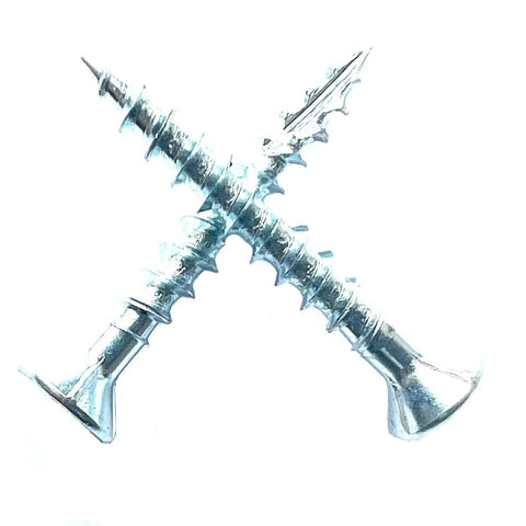 Size Eight By One Quarter Inch Flat Head Wood Screws For Particle Board Mdf Cabinetry Type Seventeen Point Nibs Provide Killer Grip And Snag Free Drive Zinc Coated Steel Fasteners Pro Grade Tool Kit One Forty Pack shown crossed.
