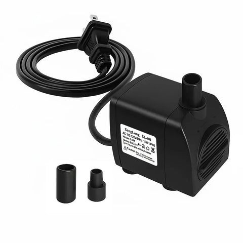 Ultra Quiet Submersible Pump 200GPH 800 L Per H 15W With Overheating Protection, 5.2ft Lift, cord and accessories shown