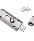 Rock Solid Sliding Bolt Door Lock With Smooth Auto Glide And Flat Barrel Profile For Patios Barn Doors And Gates Super Easy Surface Mount Security Hardware In Matte Silver Finish, showing sliding bolt and mounting screws.