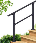 Nifty And Rock Solid Two To Three Step Stair Handrail Kit With 40 Inch Top Rail, black metal railing next to wooden steps.