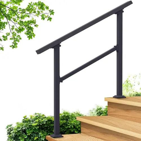 Nifty And Rock Solid Two To Three Step Stair Handrail Kit With 40 Inch Top Rail, black metal railing next to wooden steps.