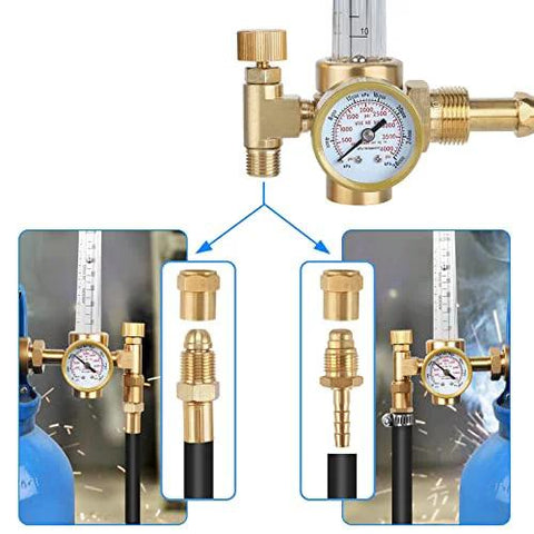 Front view of BETOOLL argon welding regulator with flow meter gauge and 6.6 ft hose