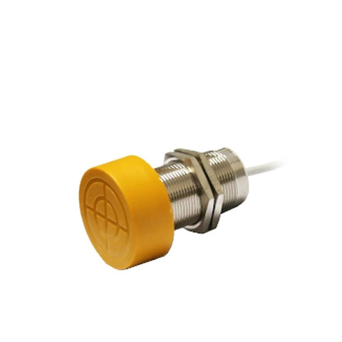 GUC25 (A) mining intrinsically safe proximity sensor with yellow cap and threaded metal body.