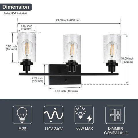 Dimensions of a Three Light Matte Black Farmhouse Vanity Light With Seeded Glass Wall Sconce For Kitchen Bathroom Living Room Mirror