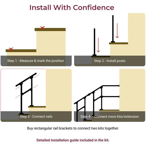 Fence And Rail Handrail Kit For Outdoor Steps And Indoor Stair Railing 1-2 Step Safety Hand Rail For Porch And Deck With 2x 36 Inch Posts, 26 Inch Top Rail, 12 Inch Middle Rail And All Mounting Hardware