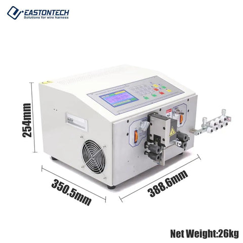 Heavy Duty Automatic Cable Wire Cutting And Stripping Machine AWG 32 To 11 With 100 Program Memories, compact design showing dimensions.