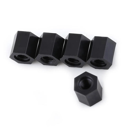 Premium Black M3 Female To Female Hex Threaded Standoff Spacers 100 Pcs PA66 Nylon for PCB mounting, showing five black nylon hex standoffs.