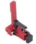 Durable Alloy Steel Type 75 Miter Track Stop with black locking handle for T Track Rails shown in side view