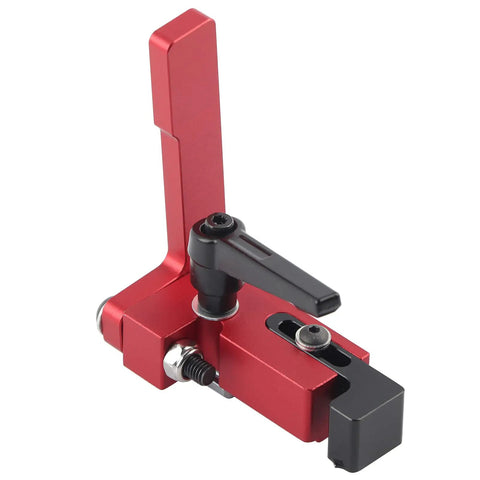 Durable Alloy Steel Type 75 Miter Track Stop with black locking handle for T Track Rails shown in side view