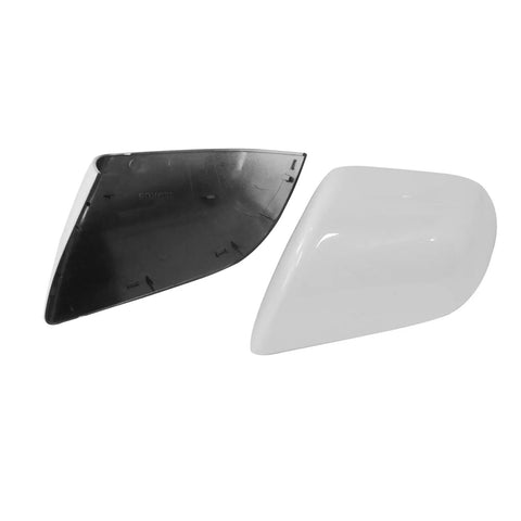 Premium White Rearview Mirror Lower Covers For Tesla Model 3 Left And Right Pair showing the white caps and inner clips for secure fit.