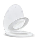 Hassle Free Quick Swap Elongated Toilet Seat With Built In Toddler Potty Chair And Silent Soft Close Hinges, white, opened view.