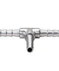 Front view of stainless steel 3-way hose barb tee with three 3/16-inch barbs.