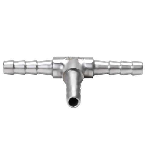 Front view of stainless steel 3-way hose barb tee with three 3/16-inch barbs.