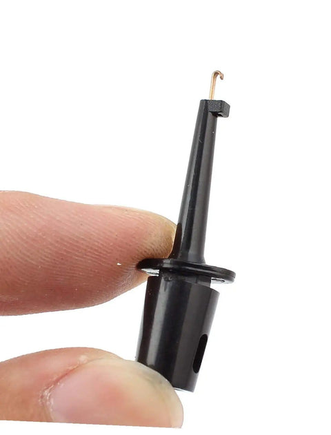 Close-up of a single beefy black test hook probe with heavy-duty spring clip for digital multimeters, part of a 5 pack.