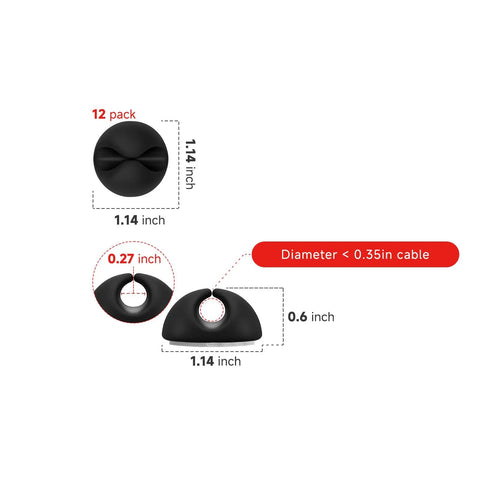 12-Pack Black Adhesive Cable Clips For Cord Management And Wire Organization, dimensions and design details shown.
