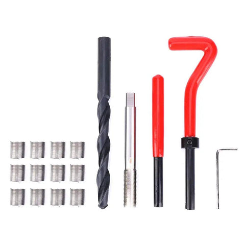 17 Piece Stainless Steel Thread Repair Kit with drill bit, twisted drill, tap wrench, and M10x1 threaded inserts