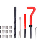 Pro Grade 17 Piece Thread Repair Kit with stainless steel twisted drill, tap wrench, and threaded inserts for industrial applications