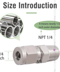 Stainless steel 304 compression fitting for 1/4 in OD tubing to 1/4 in NPT male thread, side view