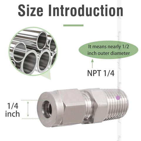 Stainless steel 304 compression fitting for 1/4 in OD tubing to 1/4 in NPT male thread, side view