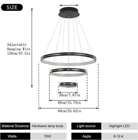 Diagram of Three Ring Modern LED Pendant Light Dimmable Contemporary Chandelier In Black Acrylic 76W with dimensions