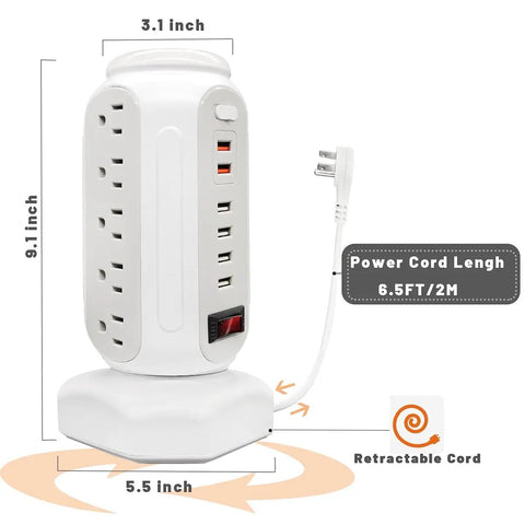 15 Outlet Surge Protector Tower With 6 USB Ports, USB Fast Charger, Colorful LED Light, Desktop Charging Station, 6.5ft Cord