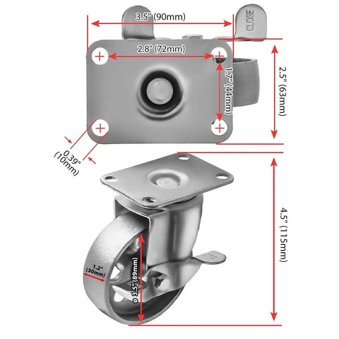Kickass Heavy Duty Steel Swivel Casters 4 Pack 3.5 Inch Wheels 350 Lbs Locking Brakes Smooth Plate Rollers dimensions with detailed measuring indicators.