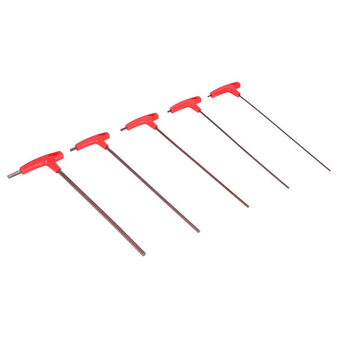 Thinking Process: 5-piece T-handle hex wrench set, red handles, S2 alloy steel, assorted sizes for bolts and screws