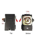 Top and bottom view of Air Compressor Pressure Switch Auto Start 90 To 125 PSI Single Port With Unloader And On Off Lever Beefed Up 16 To 20 Amp 240V NPT One Quarter Inch Female Fitting